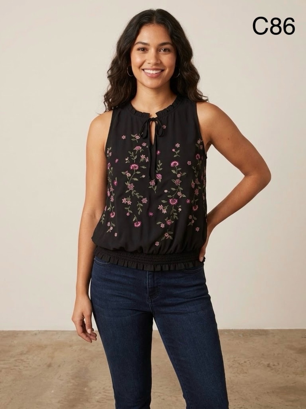 Chenault Black Sleeveless Floral Tie-Neck Camisole, Size Large